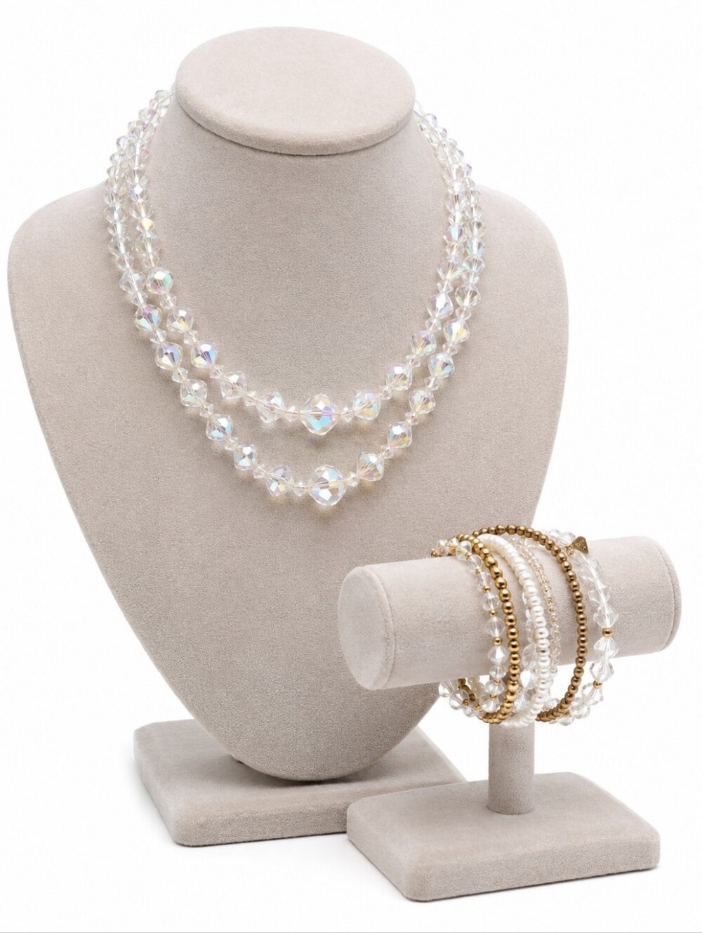Aurora Borealis Crystal Double Strand Necklace & Multi Row Stretch Bracelet Set